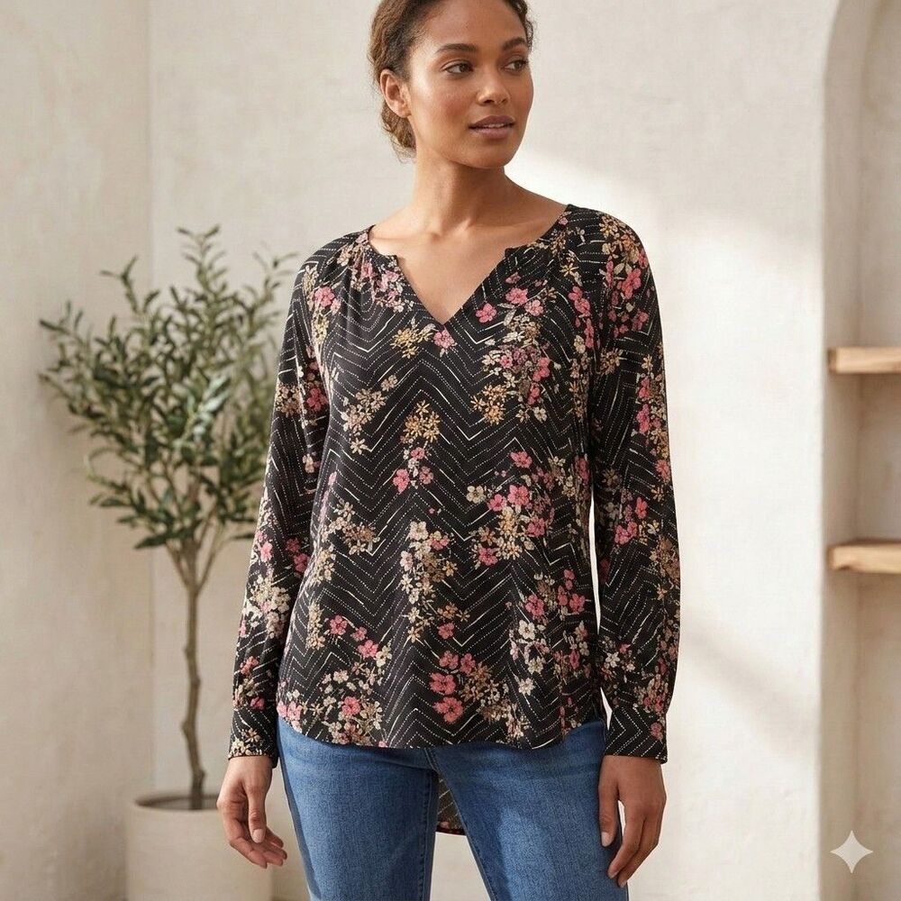Maurices Black Floral Sz XL Pull Over Blouse 3/4 Sleeve